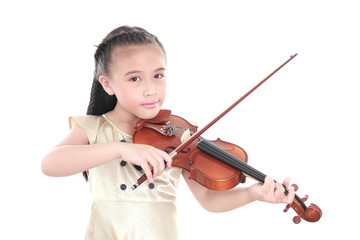 beautiful girl playing violin isolated on white background