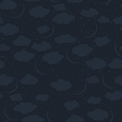 Seamless pattern of the night sky with stars, moon and clouds in dark blue colors.