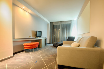 Interior of a luxury hotel room in the evening