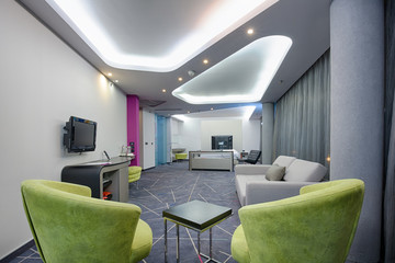 Interior of a modern spacious hotel suite