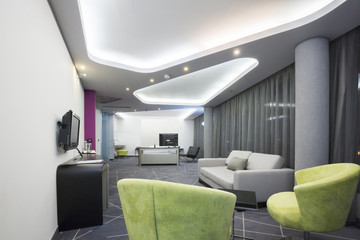 Interior of a modern spacious hotel suite
