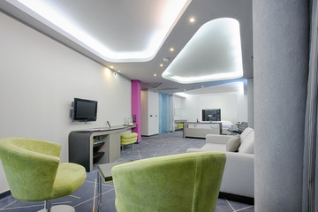 Interior of a modern spacious hotel suite