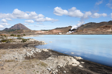 Fototapeta na wymiar Geothermal power station and blue hot water lagoon, Northern Iceland