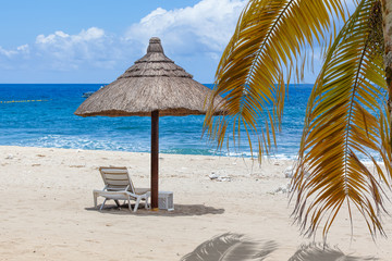palmes et parasol de paille sur plage de Boucan Canot, île de la Réunion 