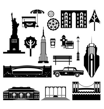 New York City street icon set. A set of New York symbols and landmarks in silhouettes. Vector Illustration. EPS 10.