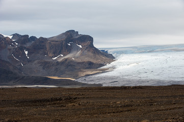 Landscape with mountains and glacier Langjokull, Central Iceland