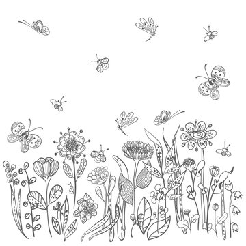 Beautiful doodle grass and flowers silhouette