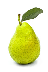 tasty ripe green pear with leaf isolated on white