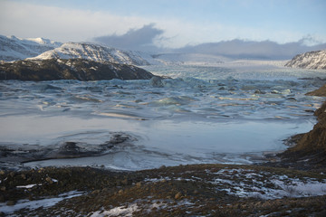 Winter landscape with frozen glacial ice lagoon, Vatnajokull Region, Iceland