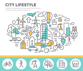 City lifestyle concept illustration, thin line flat design