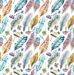 Hand drawn colorful watercolor feathers and mushrooms background