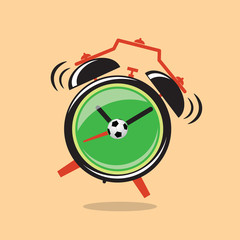 Cartoon Green Alarm Clock With Football. Vector Illustration