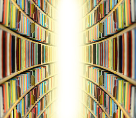 Public library bookshelf, into bright light