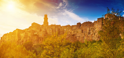 Pitigliano medieval village on tuff rocky hill. Panorama landscape high resolution photography....