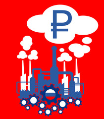 Factory in the colors of flag of Russia as metaphor of Russian industry and its financial profit or crisis expressed as income of roubles