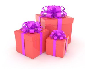 three gift boxes with bows isolated on white. 3d rendering.