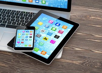 Laptop, phone and tablet pc. 3d rendering.