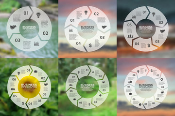 Naklejka premium Vector circle arrows infographic, diagram, graph, presentation, chart. Business cycle concept with 3, 4, 5, 6, 7, 8 options, parts, steps, processes. Blur background.