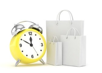 alarm clock and shopping bag (time to buy concept). 3d rendering.