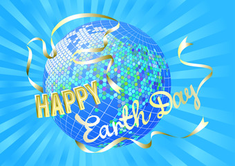 Inspiration Happy Earth Day. Globe and silhouette dove white banner on blue rays. Vector illustration EPS 10.