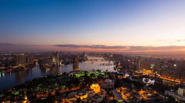 Panorama of night Cairo from the top of the Cairo TV tower at sunset