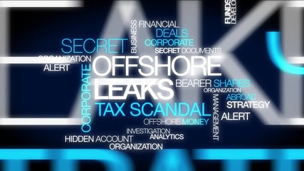 Offshore Leaks tax avoidance scandal Panama papers files secret accounts bank investigation words tag cloud text animation 