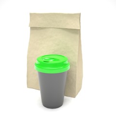 Coffee to go and lunch bag, on white. 3d rendering.