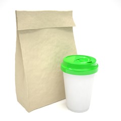 Coffee to go and lunch bag, on white. 3d rendering.