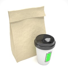 Coffee to go and lunch bag, on white. 3d rendering.