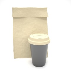 Coffee to go and lunch bag, on white. 3d rendering.