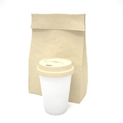Coffee to go and lunch bag, on white. 3d rendering.