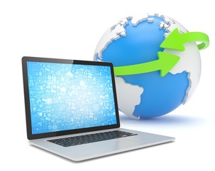Laptop network and earth globe. 3d rendering.