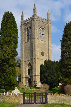All Saints church tower Odell Bedfordshire,   dating from the fifteenth century and built in the perpendicular style.