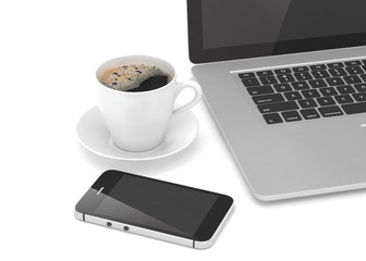 Fototapeta na wymiar Laptop smartphone and coffee cup. 3d rendering.