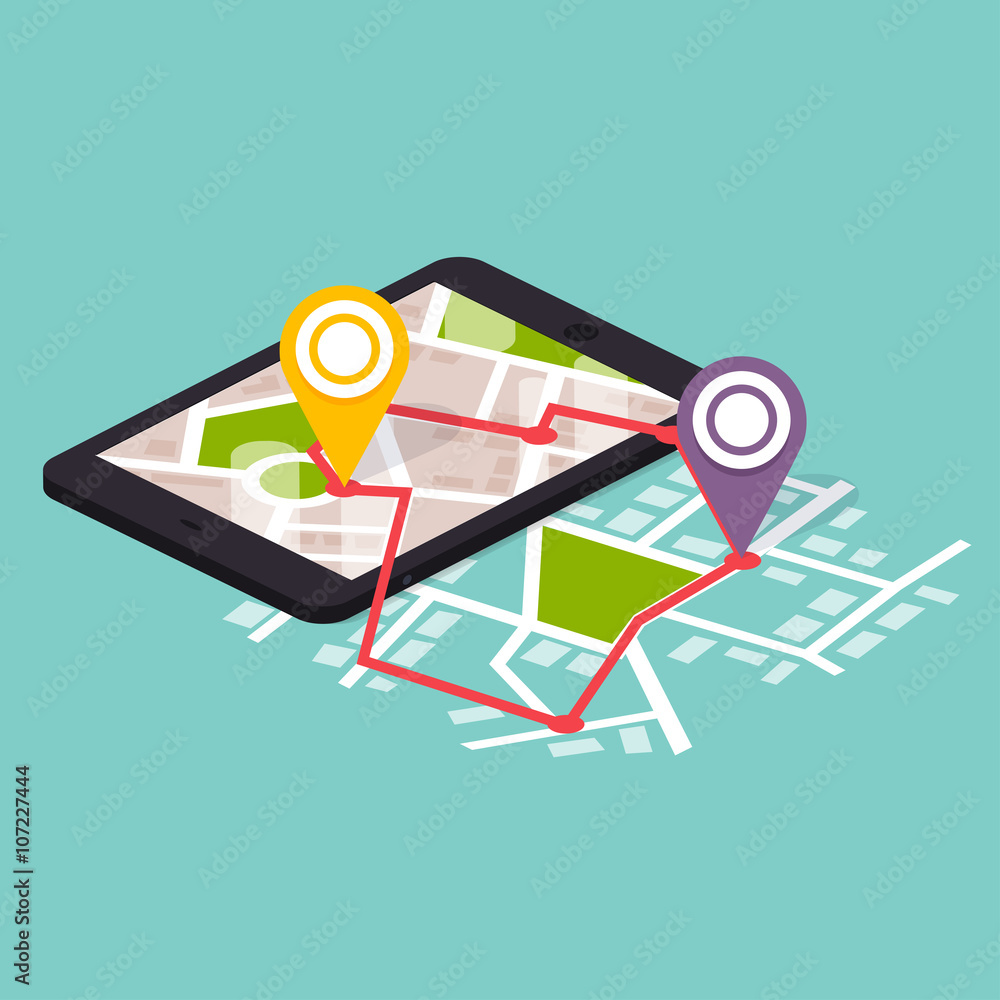 Poster flat 3d isometric mobile navigation maps infographic. paper map
