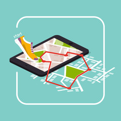 Smartphones app with track displayed with route. Vector fitness
