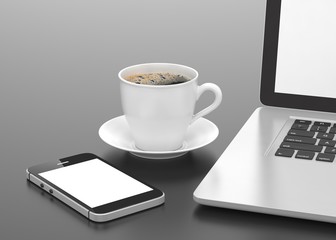 Laptop smartphone and coffee cup. 3d rendering.