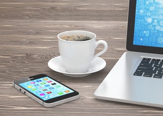 Laptop smartphone and coffee cup. 3d rendering. 