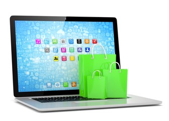 laptop and  shopping pags on white background. 3d rendering.