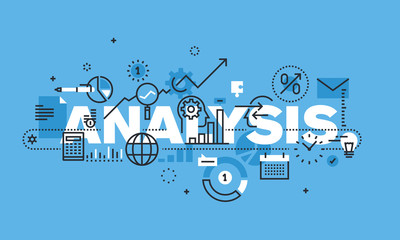 Modern thin line design concept for ANALYSIS website banner. Vector illustration concept for business analysis, market research, product testing, data analysis.