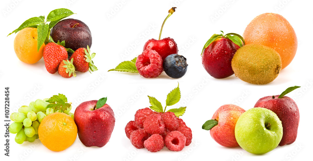 Wall mural mixed tasty fruit composition set isolated on white