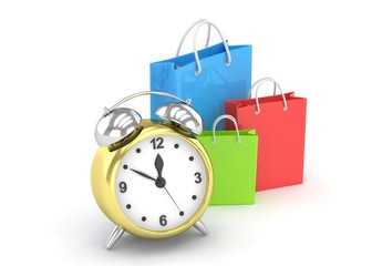 alarm clock and shopping bag (time to buy concept). 3d rendering.