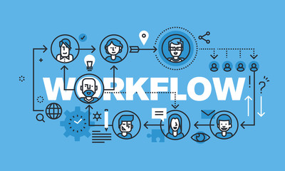 Modern thin line design concept for WORKFLOW website banner. Vector illustration concept for business workflow, management and procedures. - obrazy, fototapety, plakaty