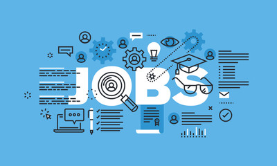 Modern thin line design concept for JOBS website banner. Vector illustration concept for search and apply for jobs, career and employment.