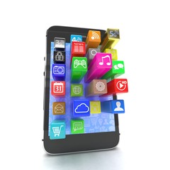  application software icons extruding from smartphone, isolated on white. 3d rendering.