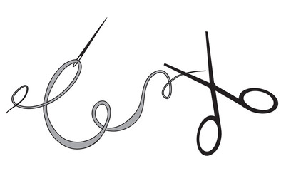 needle and thread and scissors for sewing tools