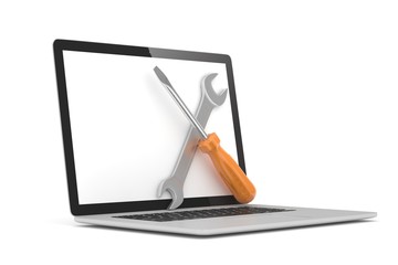 3D Illustration Wrench and screwdriver on laptop, service concept