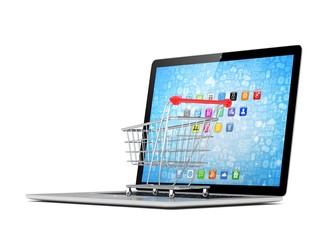 Shopping cart on laptop. 3d rendering.