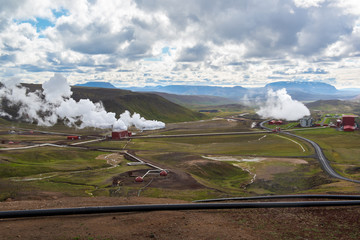 Fototapeta na wymiar Krafla geothermal power station, rainy day, Northern Iceland