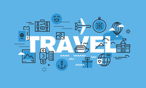 Modern thin line design concept for TRAVEL website banner. Vector illustration concept for travel agency, travel destination, summer and winter vacation.